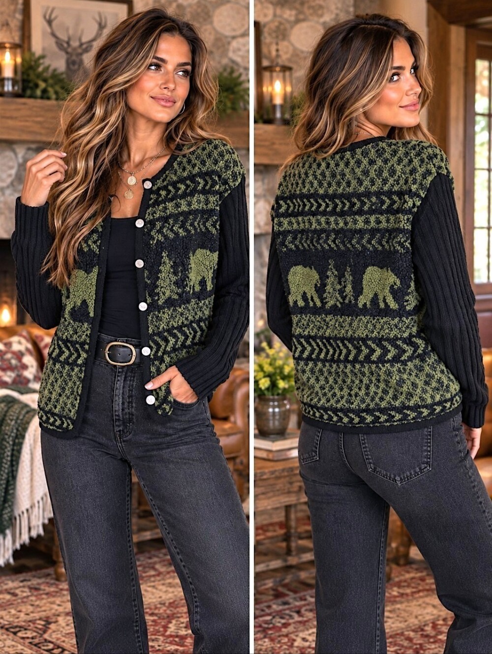 Vtg 90s Tally Ho Elephant Sweater Cardigan M Green Black Heritage Textured Knit